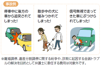 弁護士費用特約（日常生活・自動車事故型）の事故例は「停車中に後方の車から追突されてしまった」や「散歩中の犬に噛みつかれてしまった」や「信号無視で走ってきた車にぶつけられてしまった」です。